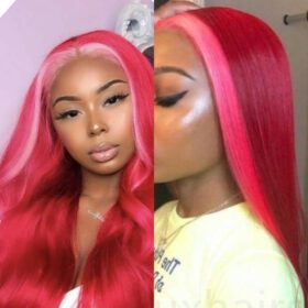 Pink And Red Hair Wig Straight Long Front Lace Wig 100