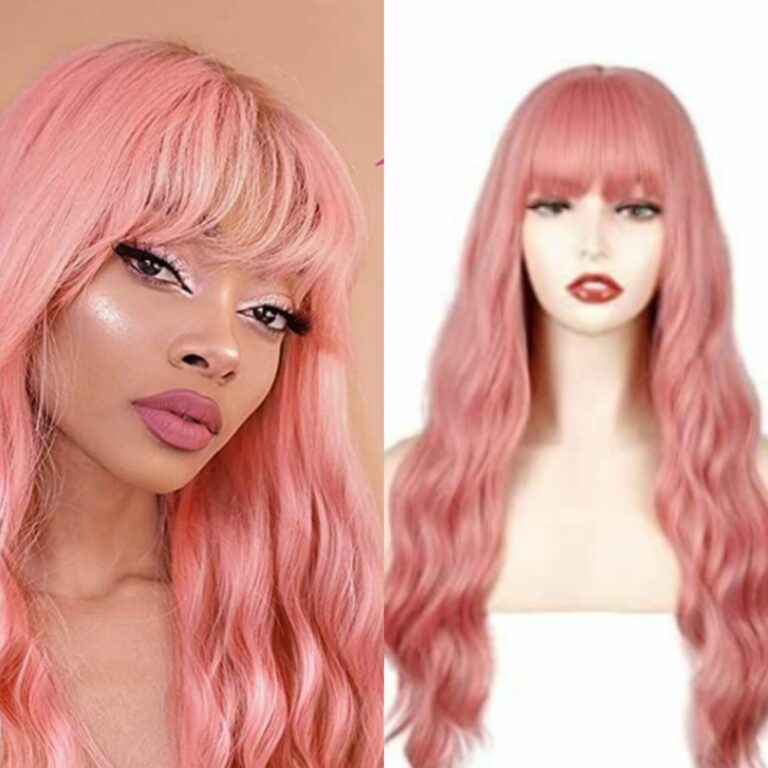 Pink Wig With Fluffy Curtain Bangs Wig Is Pink Coloured Wig Having Front Lace With Totally 2386