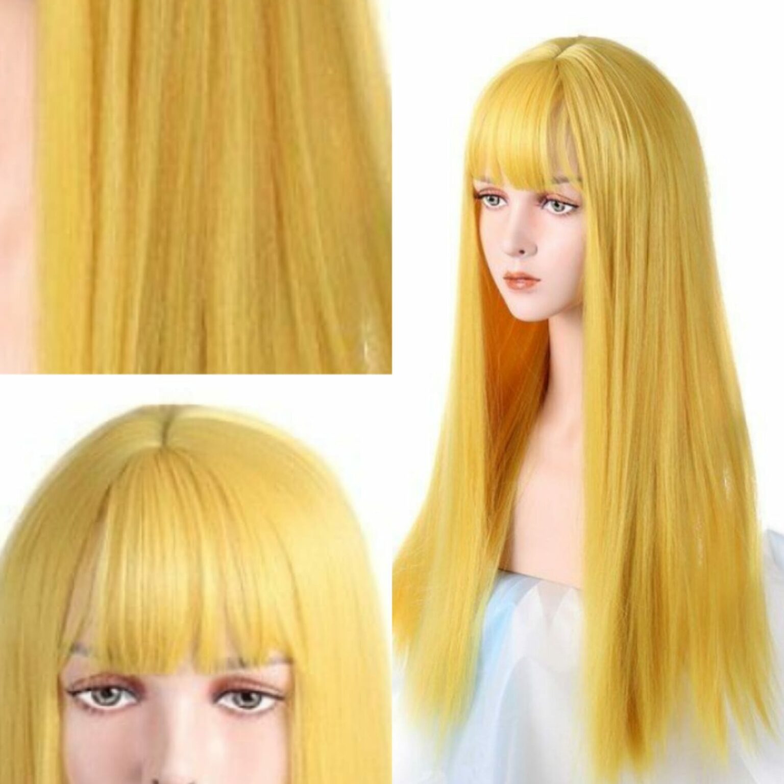 Yellow Wig With Bangs Is Having Front Lace Line In It And It's Having ...